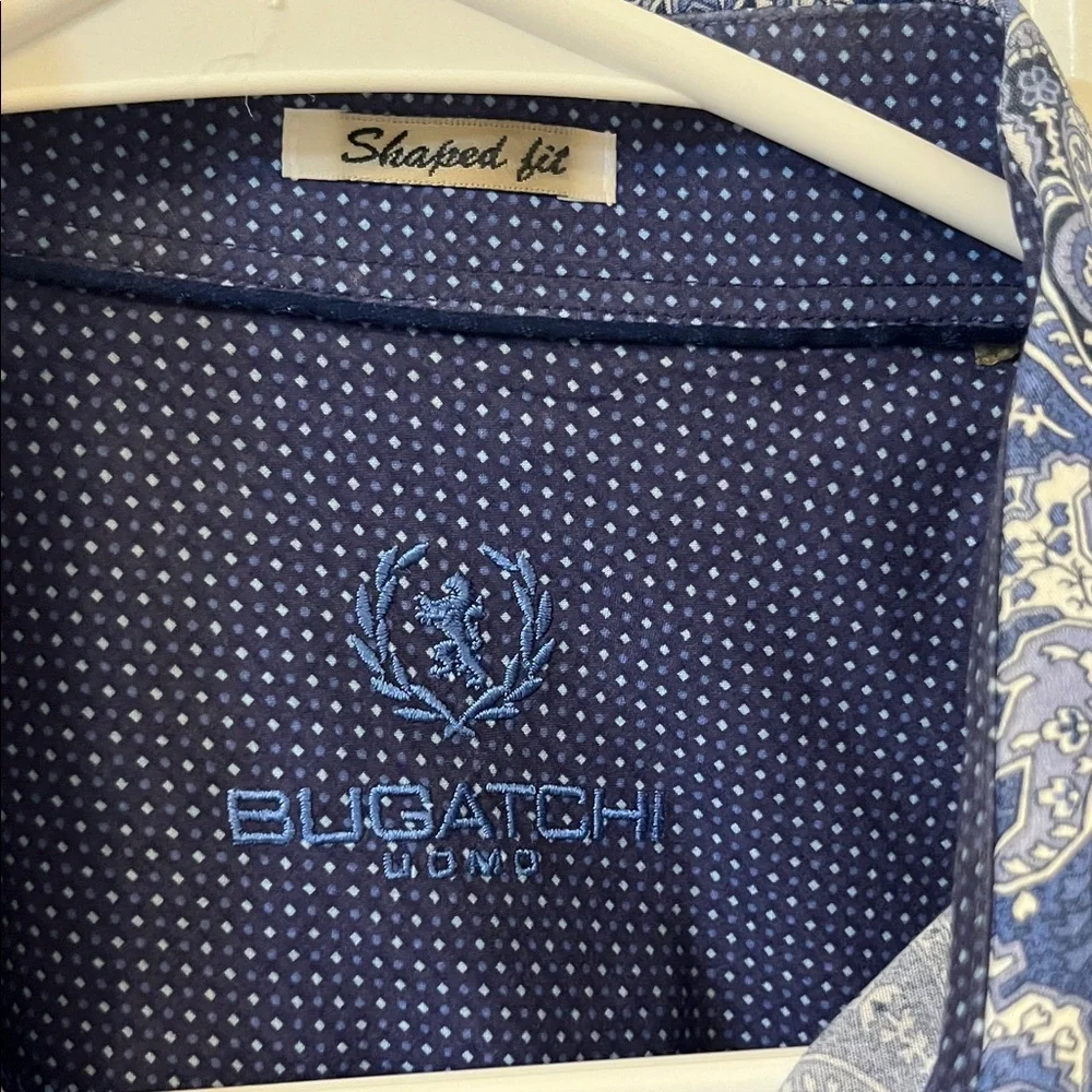 Bugatchi Blue and White Paisley Shaped Fit Men's Shirt - Picture 3 of 8